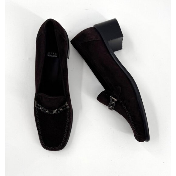 Stuart Weitzman Narrow Dark Brown Suede Loafers 7.5 AA With Chain Detail - Picture 1 of 9